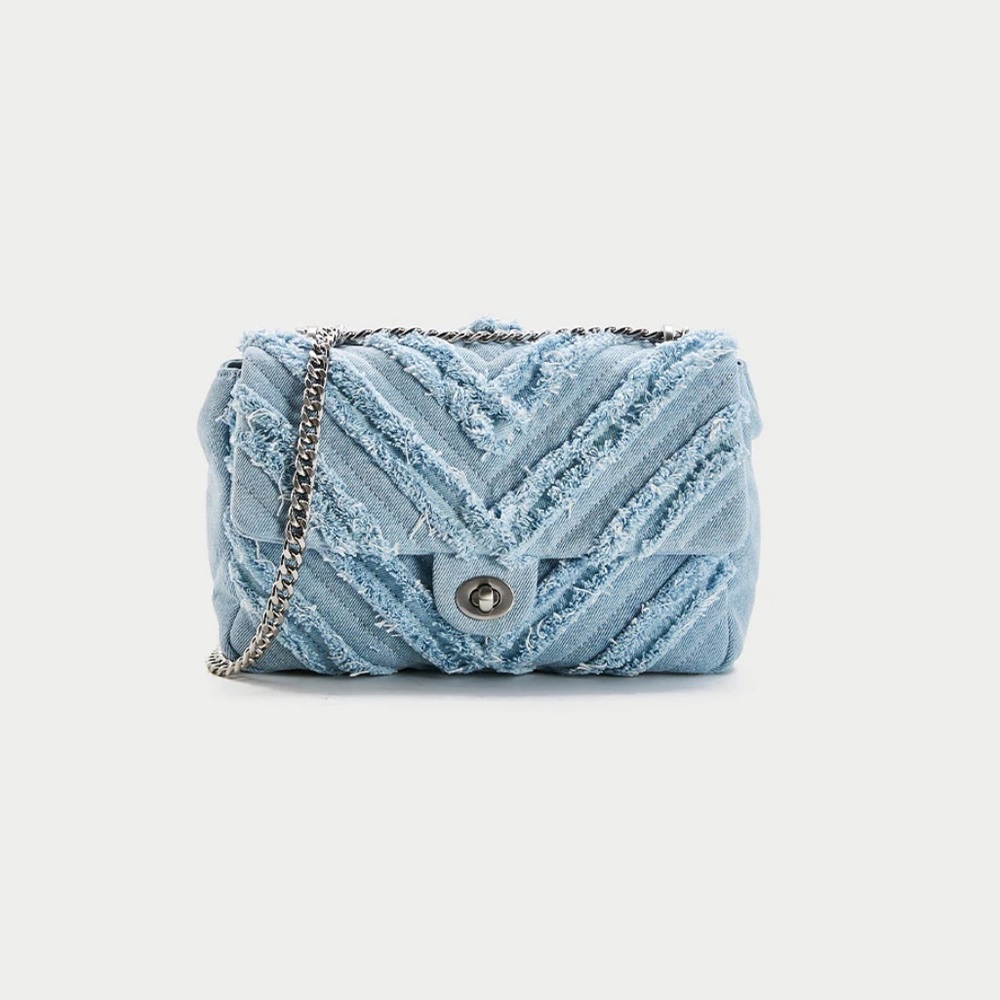 Chevron denim raw trim crossbody handbag with silver chain